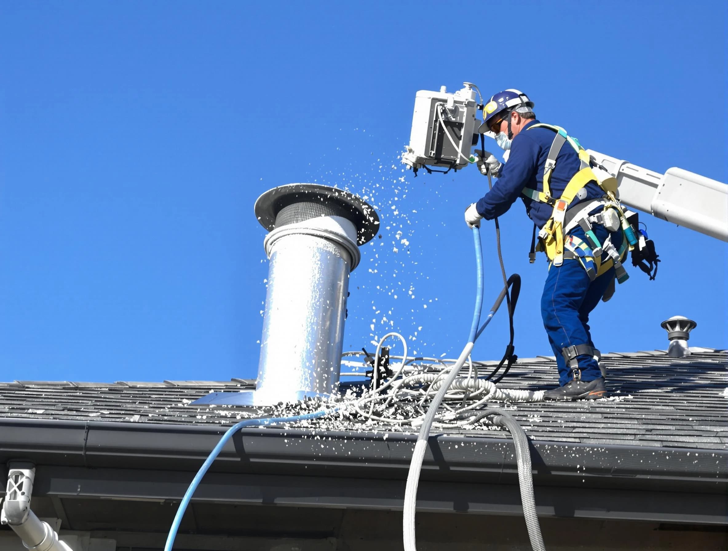 Woods Cross Dryer Vent Cleaning certified technician safely cleaning a roof-mounted dryer vent in Woods Cross