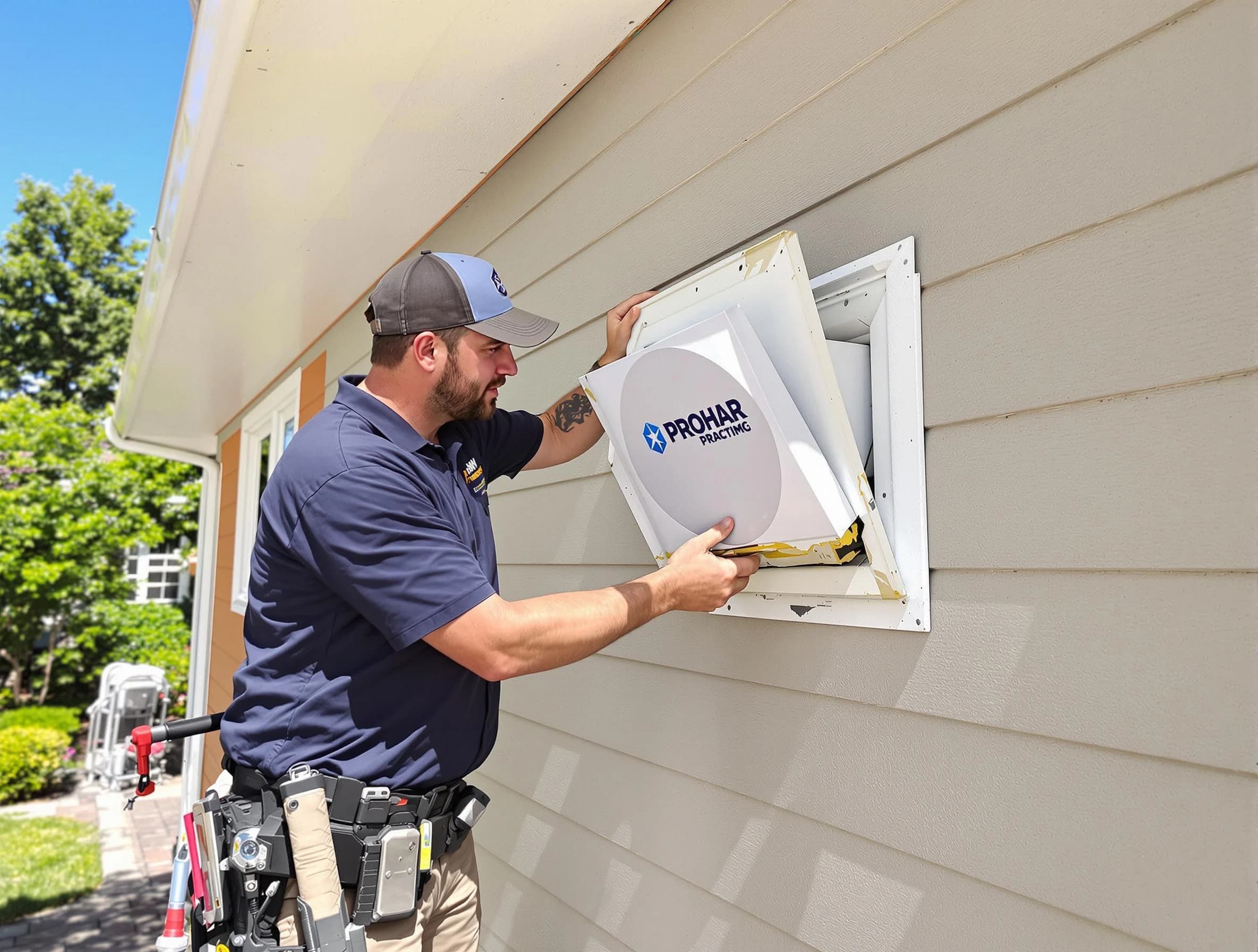 Woods Cross Dryer Vent Cleaning technician installing a new protective dryer vent cover on a home in Woods Cross