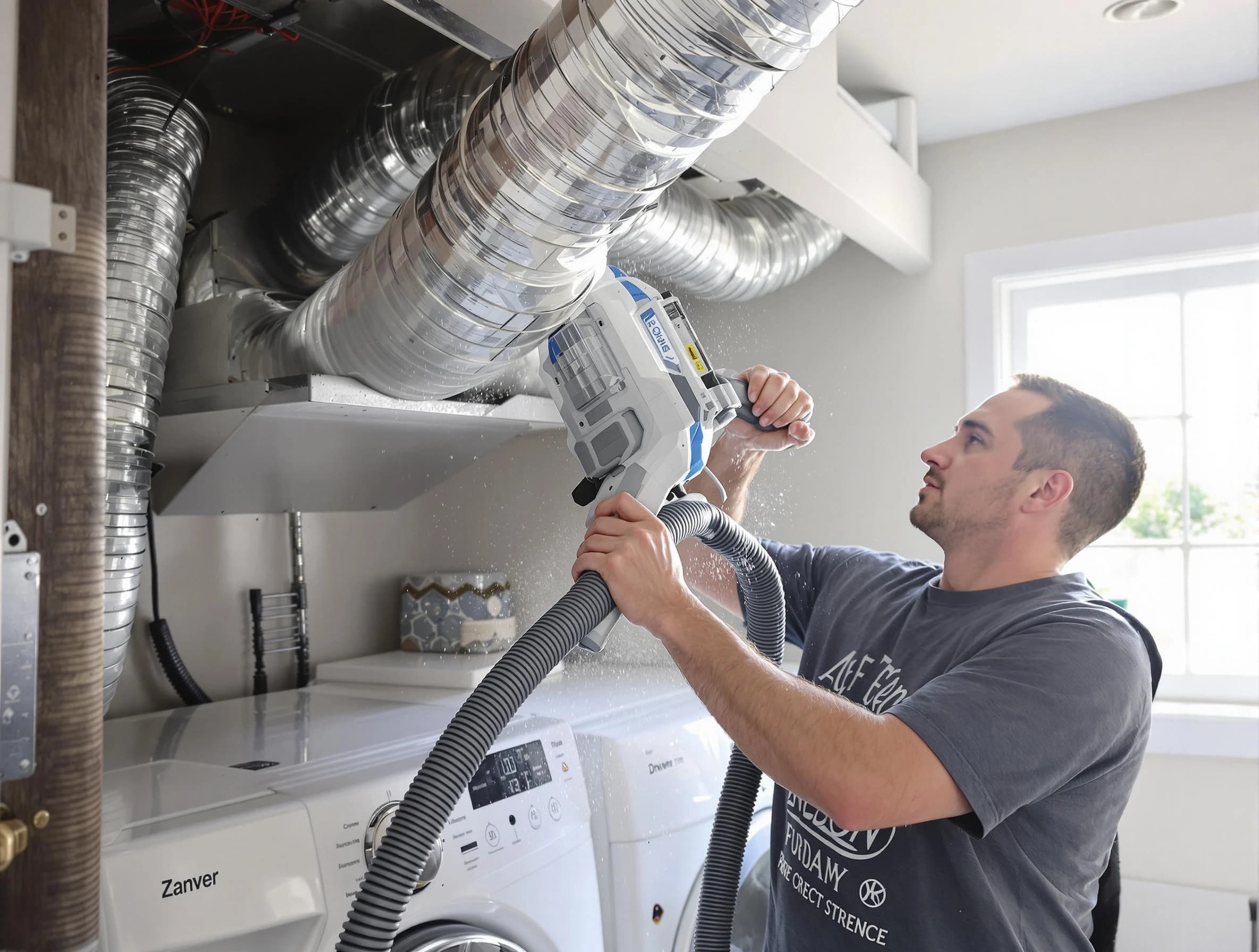 Woods Cross Dryer Vent Cleaning specialist cleaning deep within a dryer vent duct system in Woods Cross