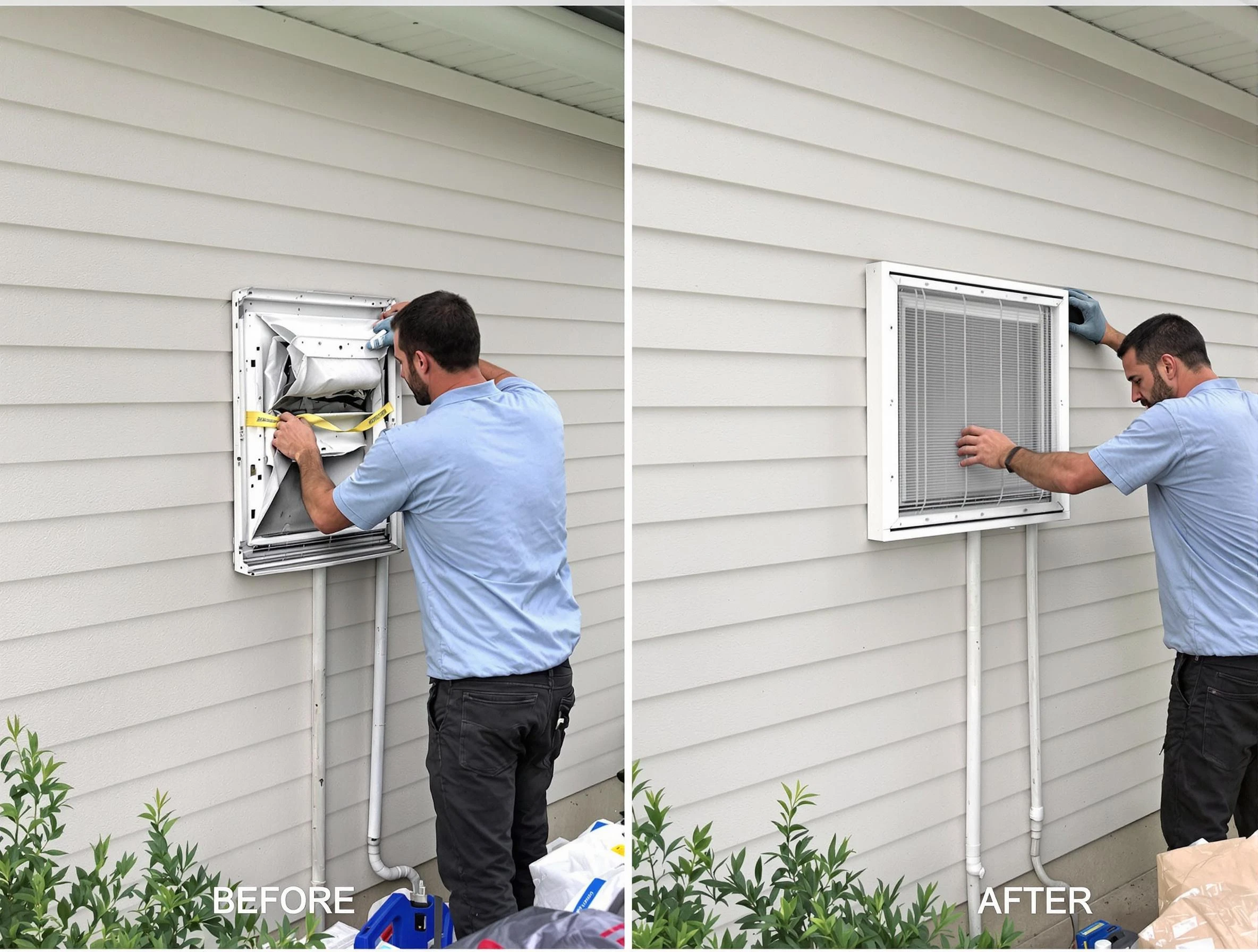 Woods Cross Dryer Vent Cleaning technician installing high-quality dryer vent cover at a residential property in Woods Cross